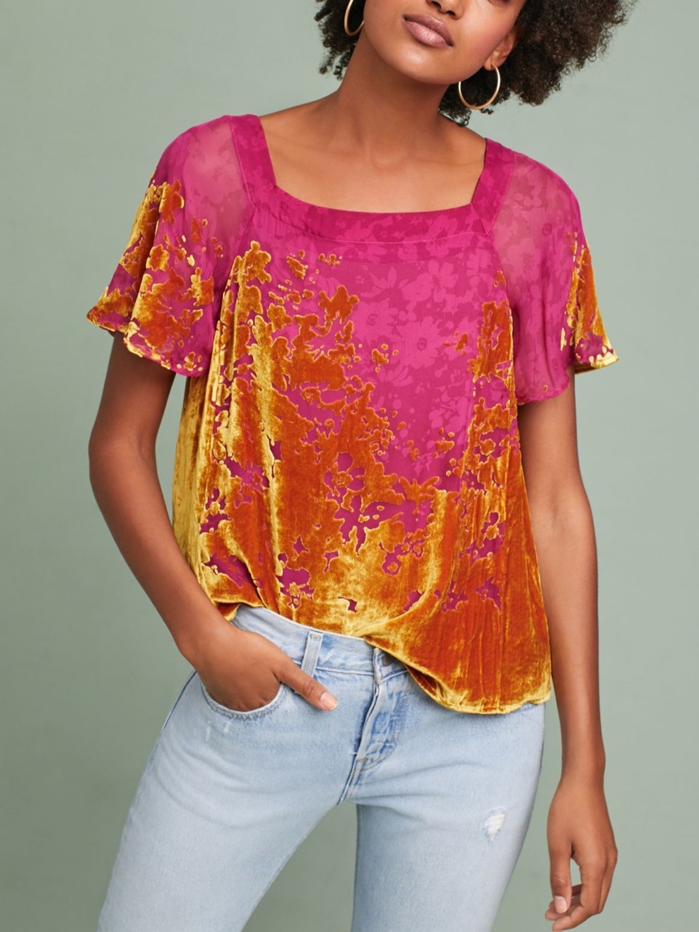 Anthropologie Maeve Magenta Fuschia and Gold Velvet-Accent Blouse